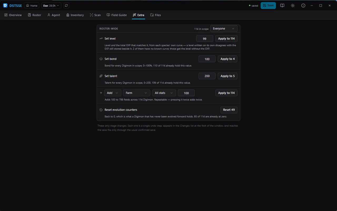 Bulk actions — Roster-wide edits scoped to everyone, party, box or farm — including setting a level with 