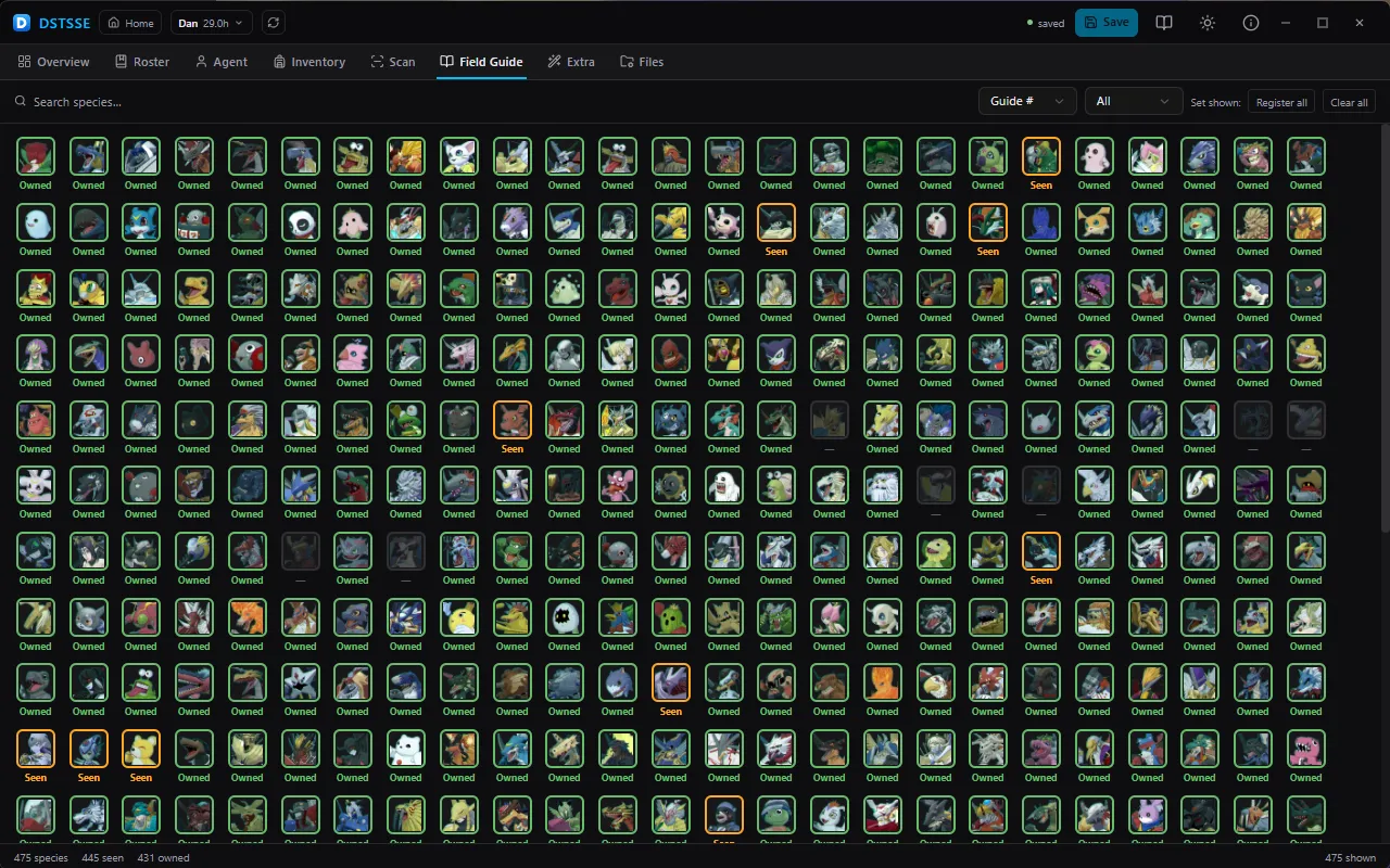 Field Guide — The encyclopedia as a portrait grid — click a species to cycle it through unseen, seen and