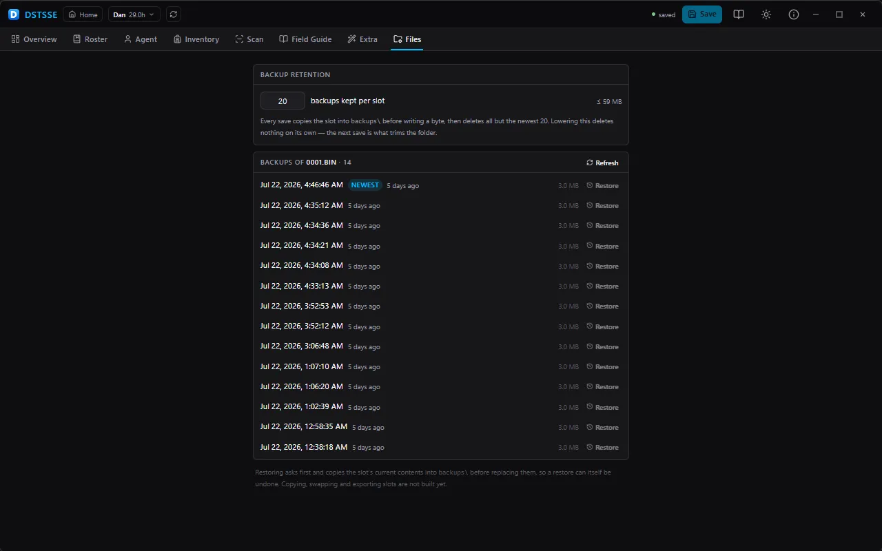 Files — The backups for the open slot, newest first, with the ones the next save will prune alread
