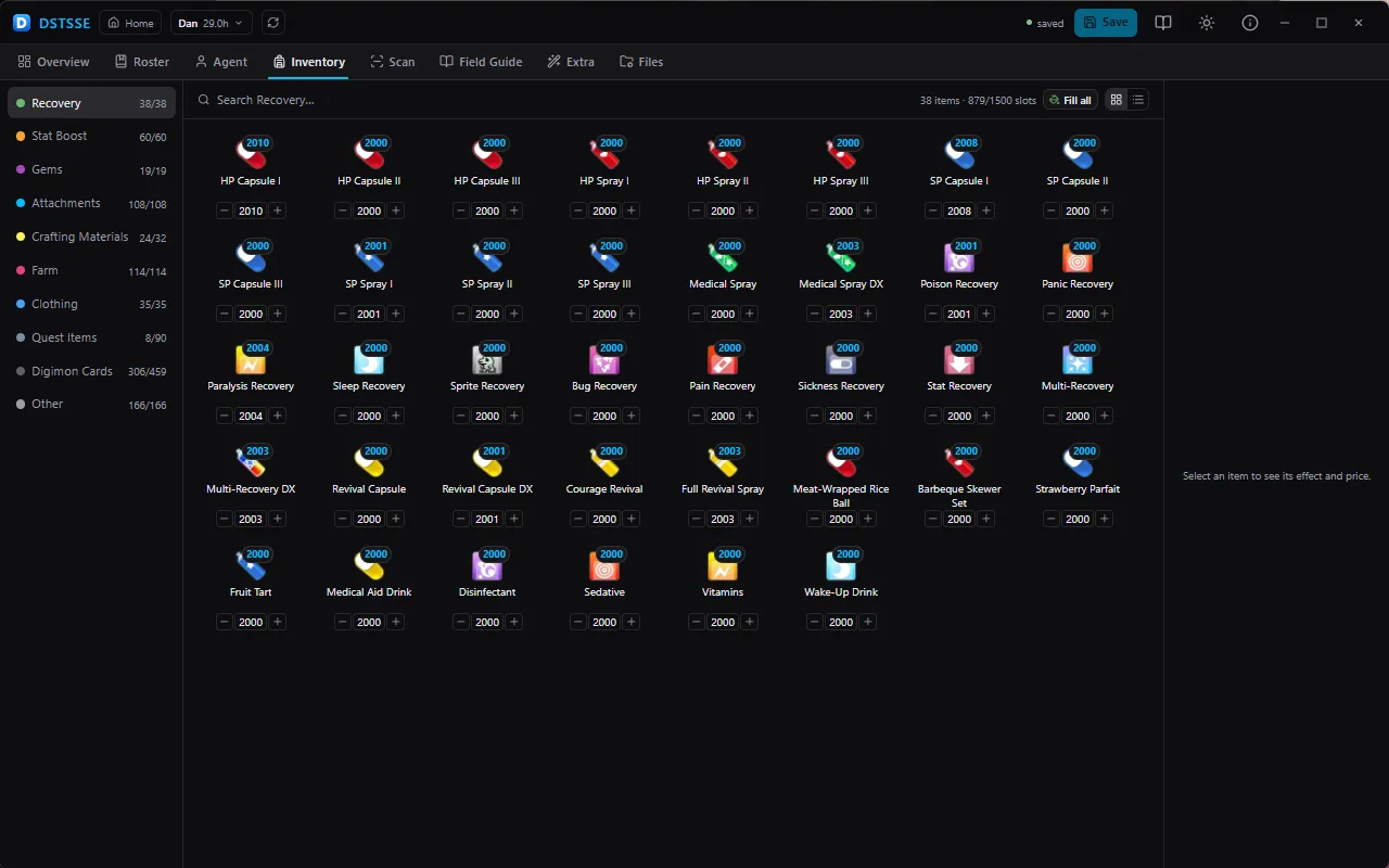 Inventory — The whole ~955-item catalog behind a category rail, as a grid or a list. Set any quantity 