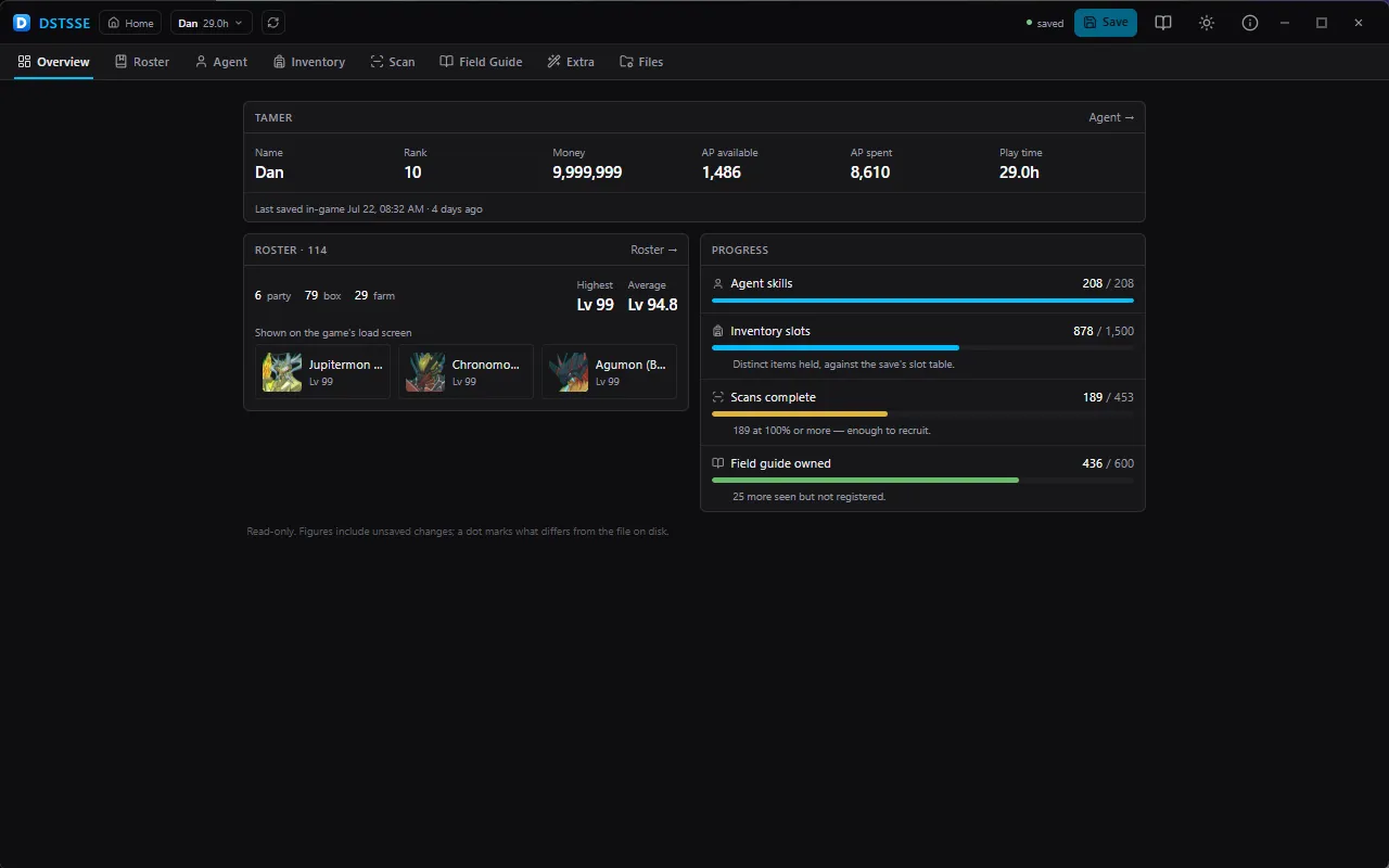 Overview — Where a save opens, and the only tab that changes nothing. Tamer, money, AP, playtime, the