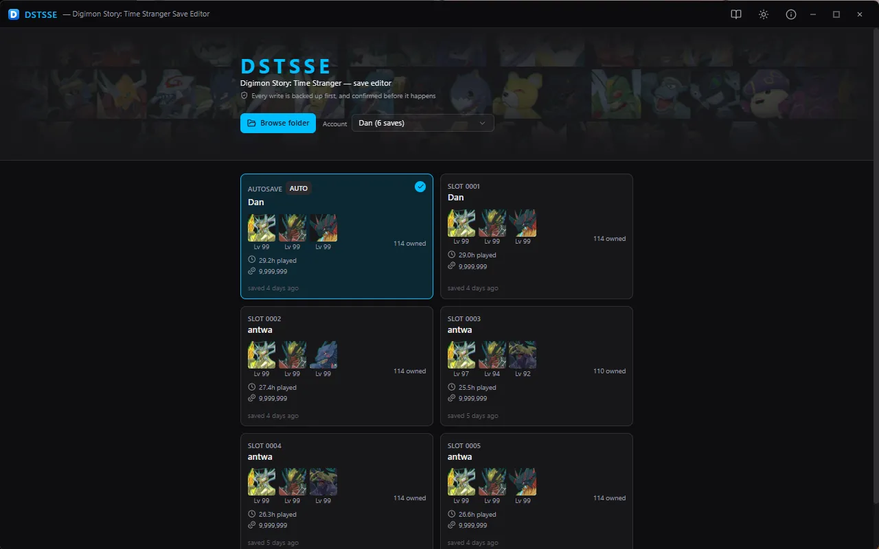Open a save — Point it at your Steam savedata folder and every slot comes back as a card, each drawing t