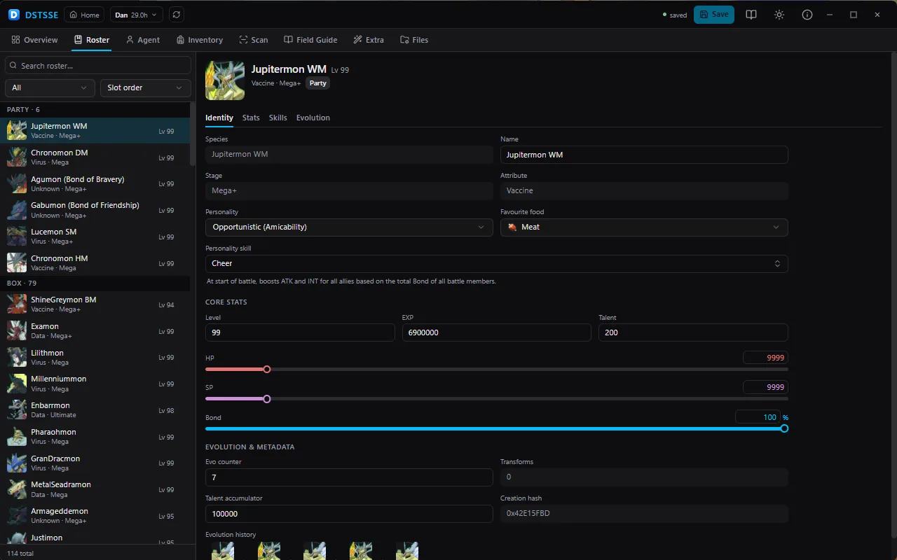 The roster editor: party, box and farm listed beside one Digimon's detail pane