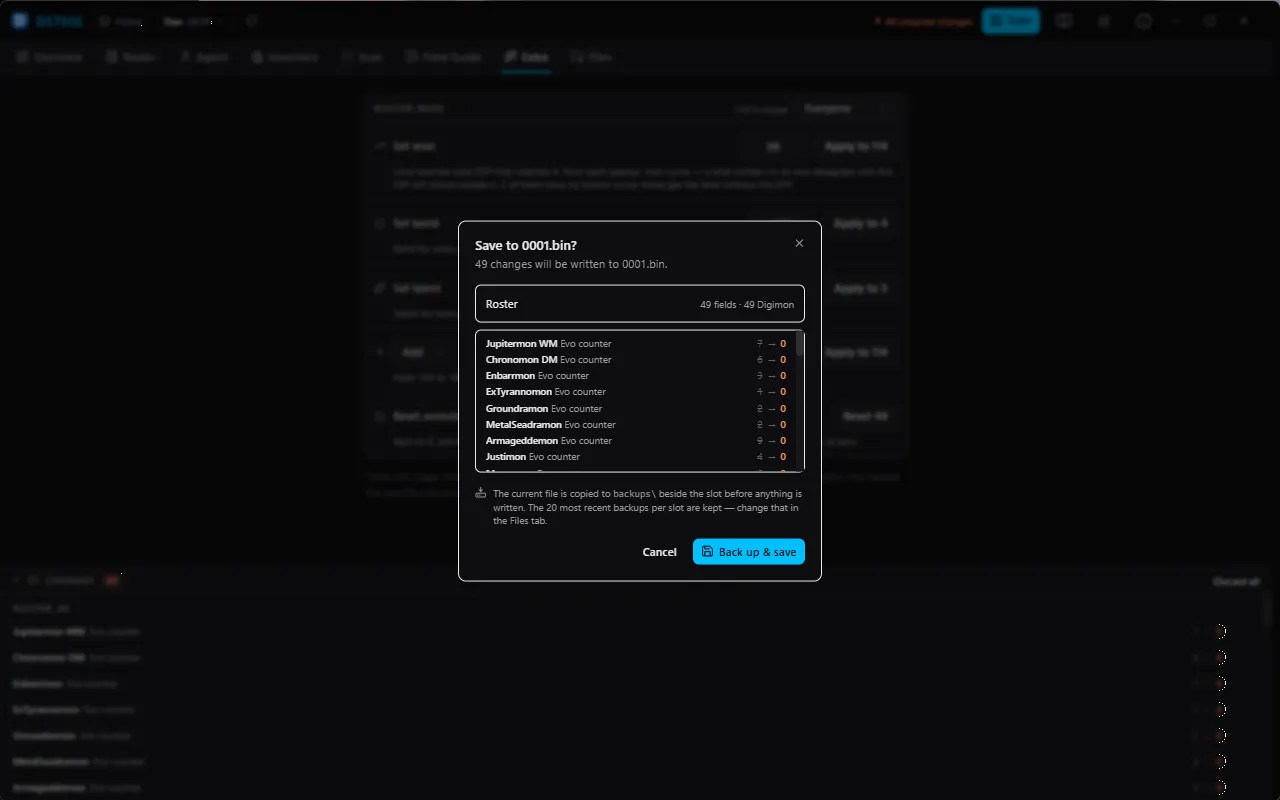 The save confirmation dialog: 49 changes will be written to 0001.bin, with the backup it will make named beneath the list