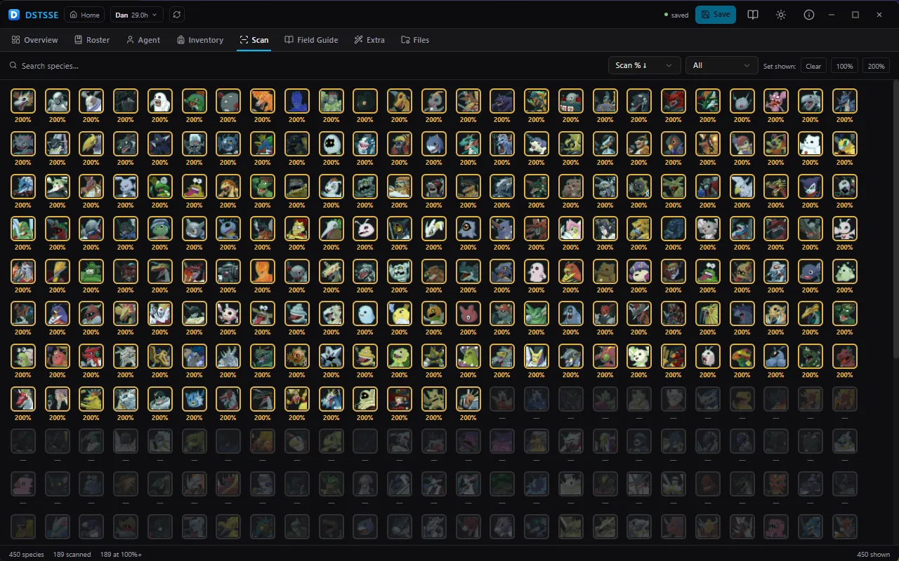 Scan — The scan-percentage table as a sortable, filterable portrait grid. Set anything from 0 to 